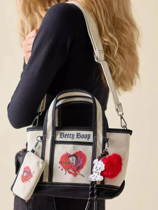 Betty Boop Cupid Tote Bag & Pouch Set w/ Pudgy charm Besitos Lip & Eye Bundle - Picture 6 of 6